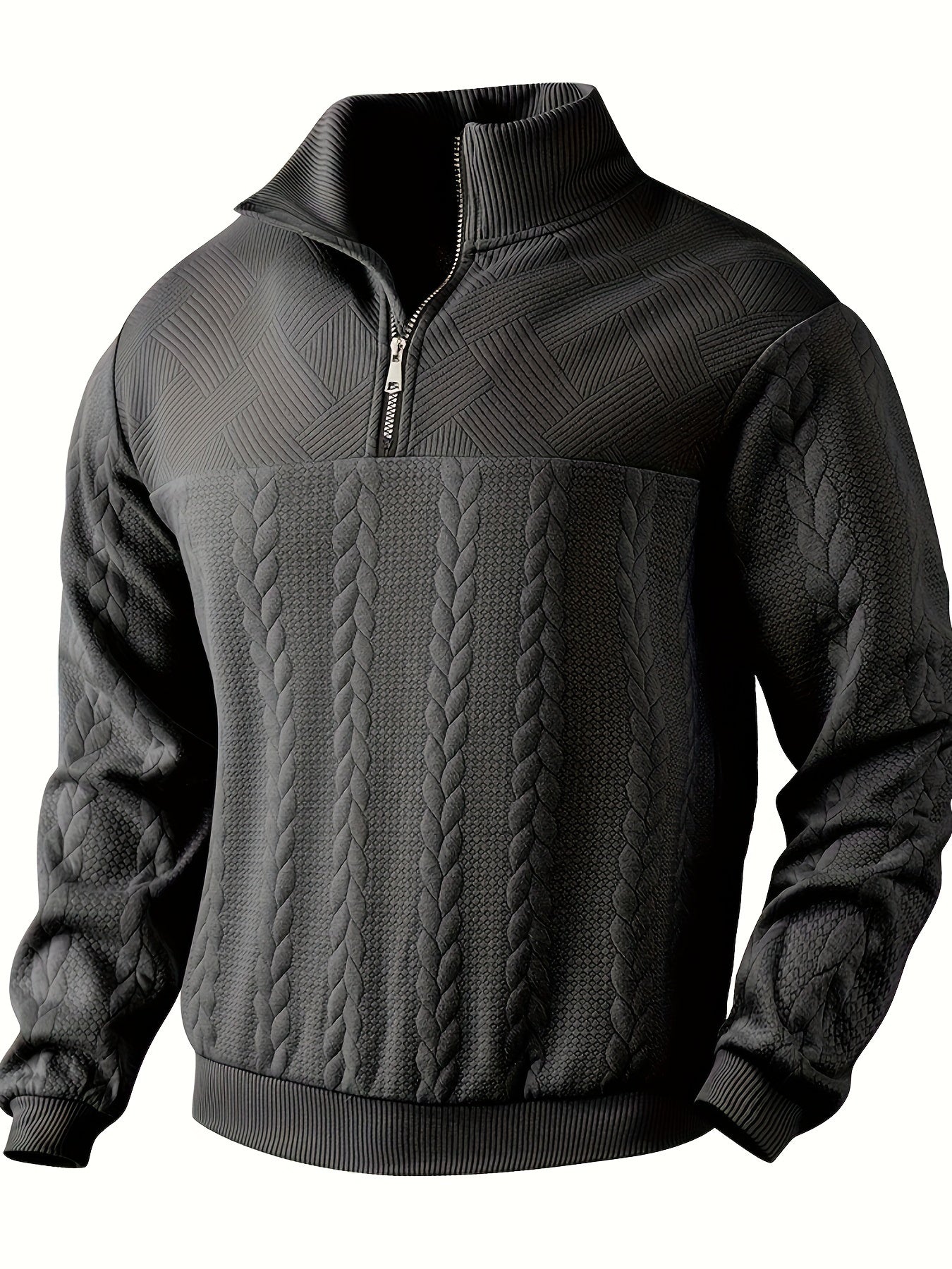 Schwarzer Herrenpullover mit Reißverschluss, Zopfmuster, Strickdesign, warm, modisch.