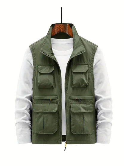 Grüne Herrenweste mit Taschen, Reißverschluss, ärmellos, Outdoor-Mode, Freizeitkleidung.