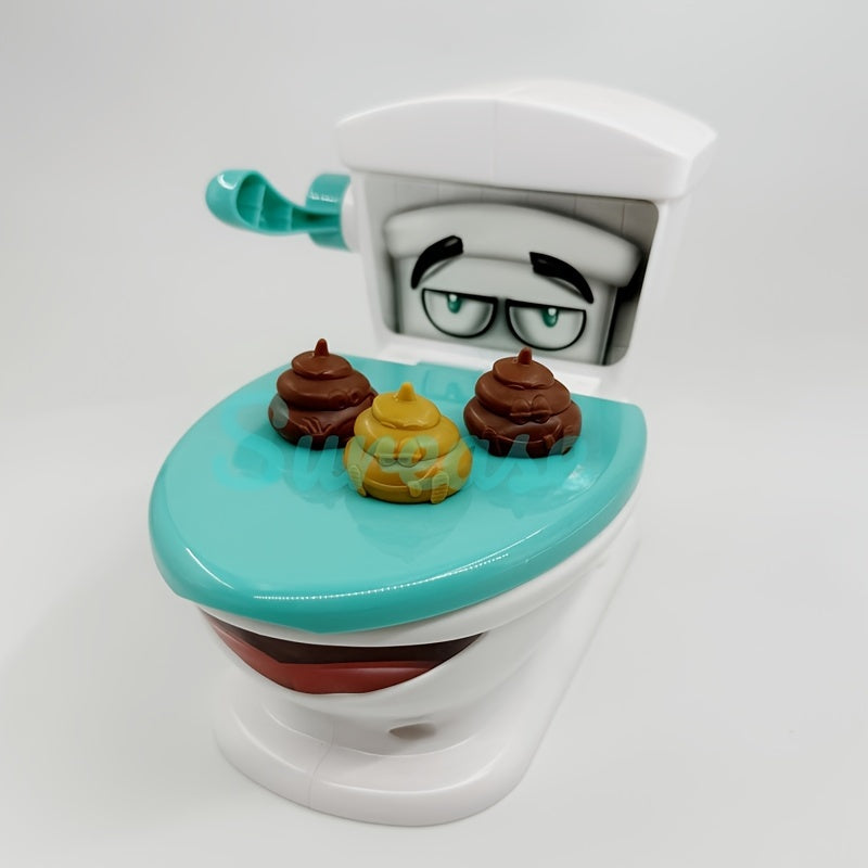 Spielzeug-Toilette mit Gesicht, drei Kothaufen, weiß-türkis, lustiges Kinderspielzeug.