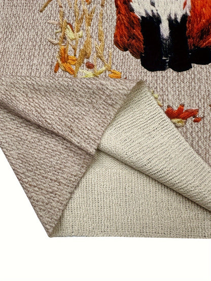 Beige Strickdecke mit Fuchs-Motiv, weiches Material, Herbstdesign, gemütliche Wohntextilien.