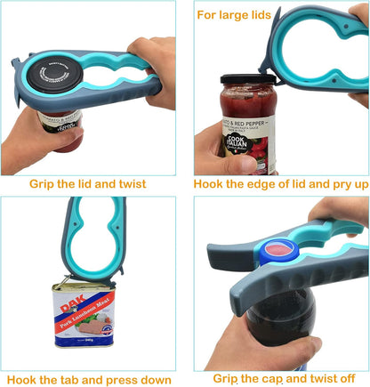 Multifunktionaler Dosenöffner, blau, ergonomisch, für Gläser und Dosen, rutschfester Griff.