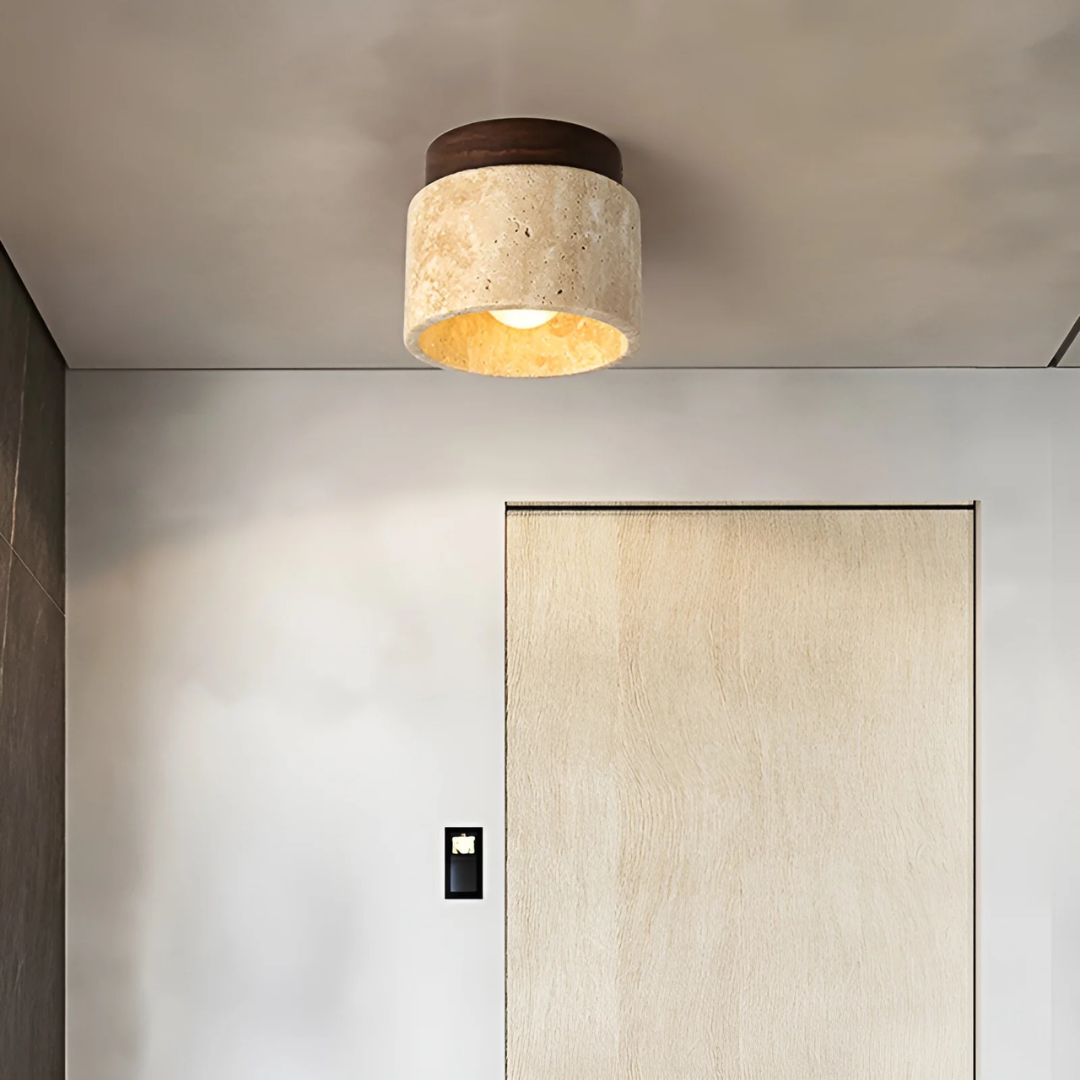 Deckenleuchte aus Naturstein, modern, beige, für Wohnzimmer oder Flur, stilvolle Beleuchtung.