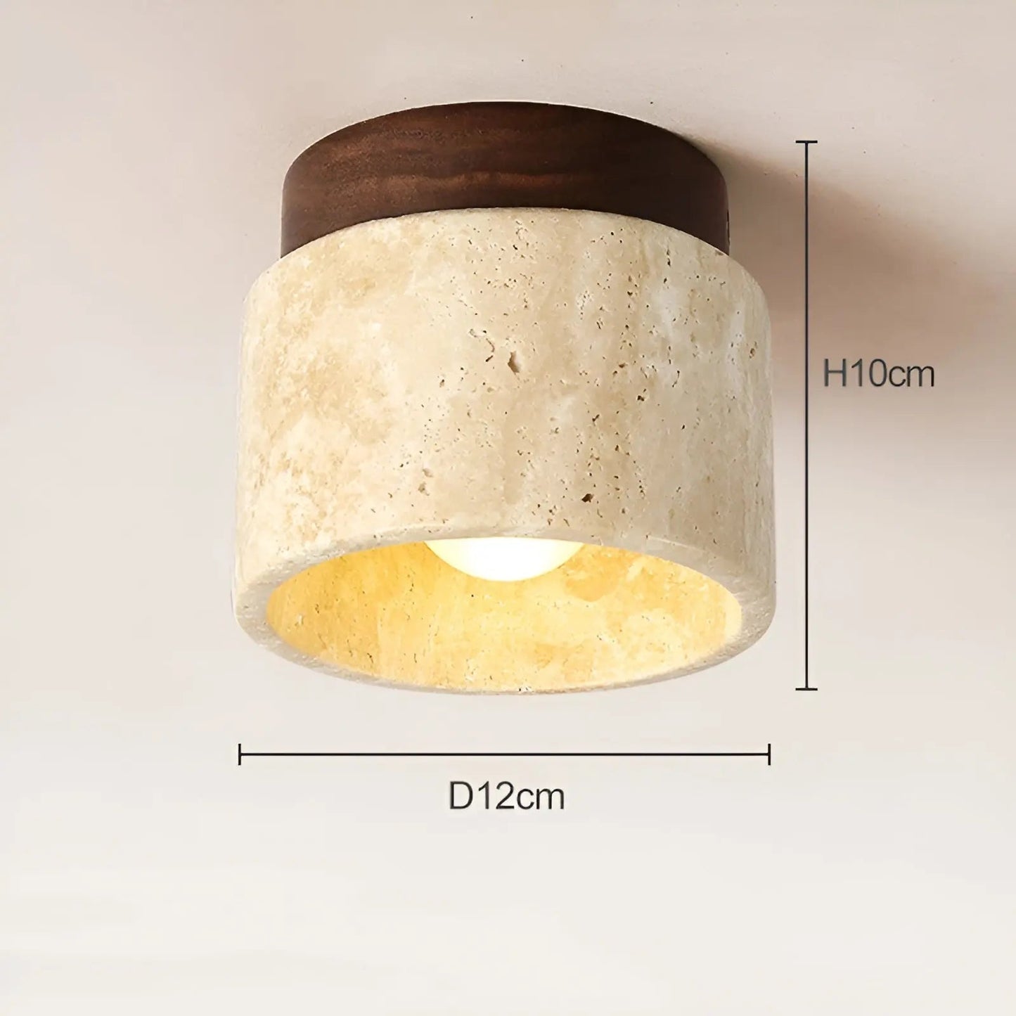 Deckenleuchte aus Naturstein, zylindrisch, 12cm Durchmesser, 10cm Höhe, modern, beige.