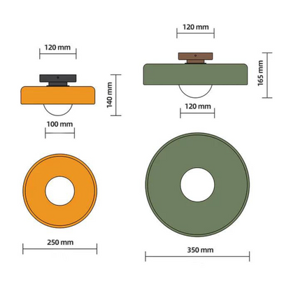 Diagramm von zwei Deckenleuchten, grün und orange, mit Maßen in Millimetern.
