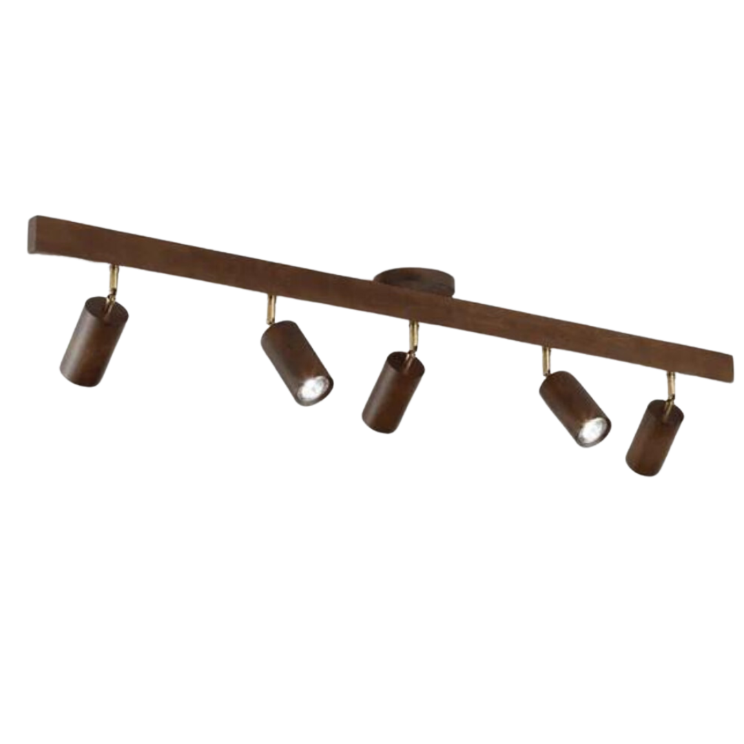 Braune Deckenleuchte mit fünf verstellbaren Strahlern, modernes Design, Innenbeleuchtung.