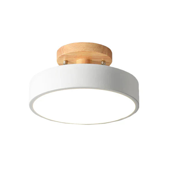 Moderne Deckenleuchte, weiß, Holzsockel, LED, rund, minimalistisch, Innenbeleuchtung.
