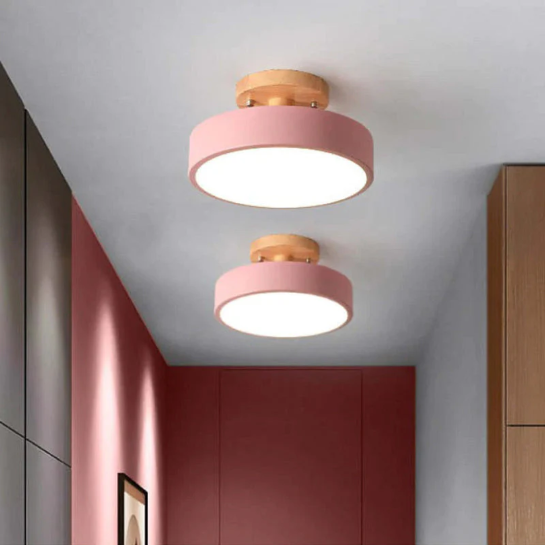 Rosa Deckenleuchte modern, rund, LED, Holz, Flurbeleuchtung, skandinavisches Design.