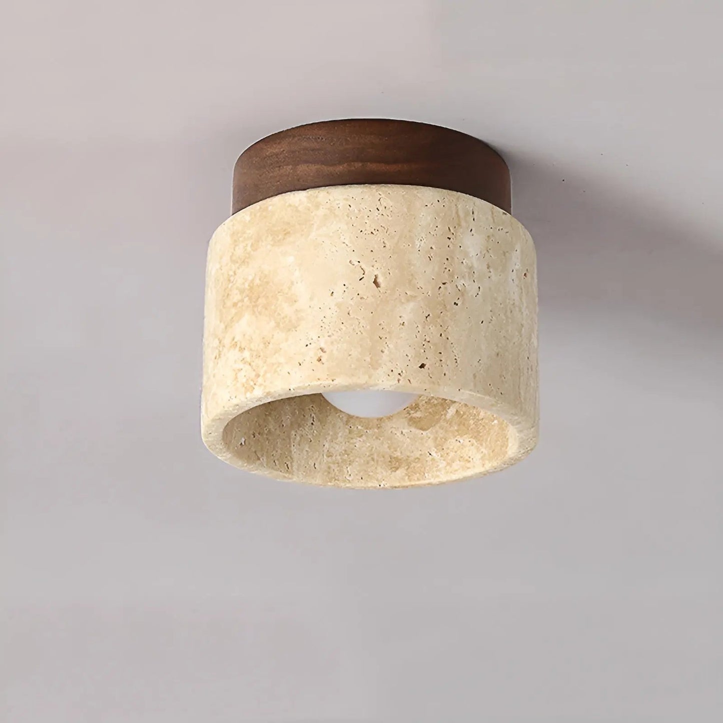 Deckenleuchte aus Travertin und Holz, moderne Innenbeleuchtung, zylindrisches Design.