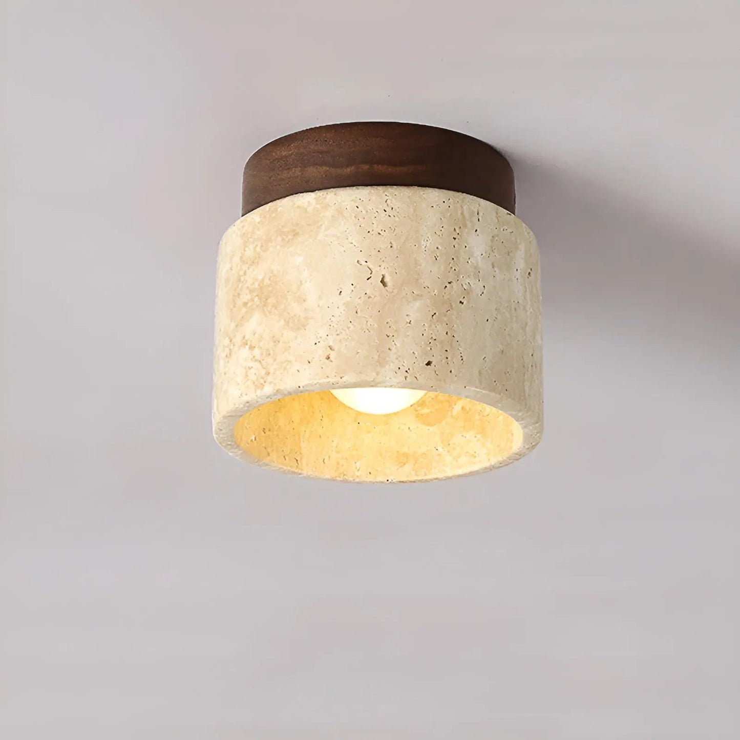 Deckenleuchte aus Travertin und Holz, zylindrisch, modern, warmes Licht, Innenbeleuchtung.