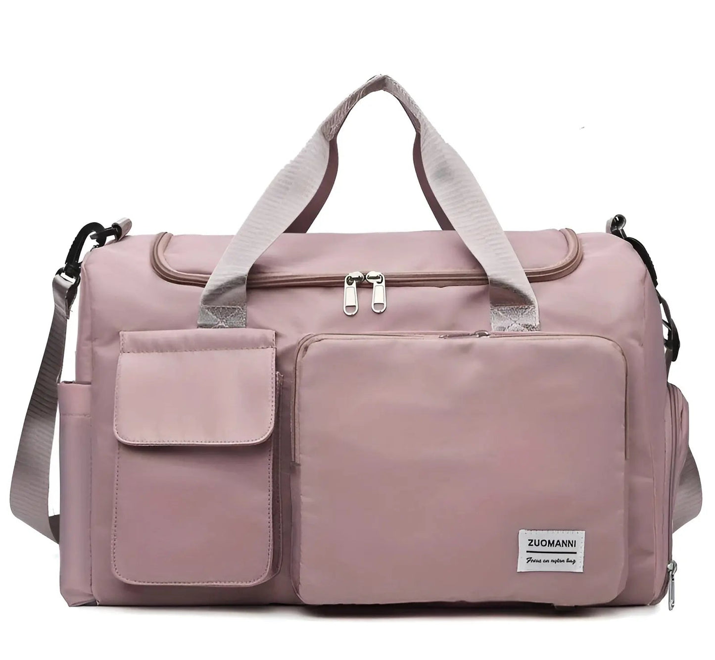 Rosa Reisetasche aus Nylon mit mehreren Fächern, verstellbarem Schultergurt, Reißverschluss.