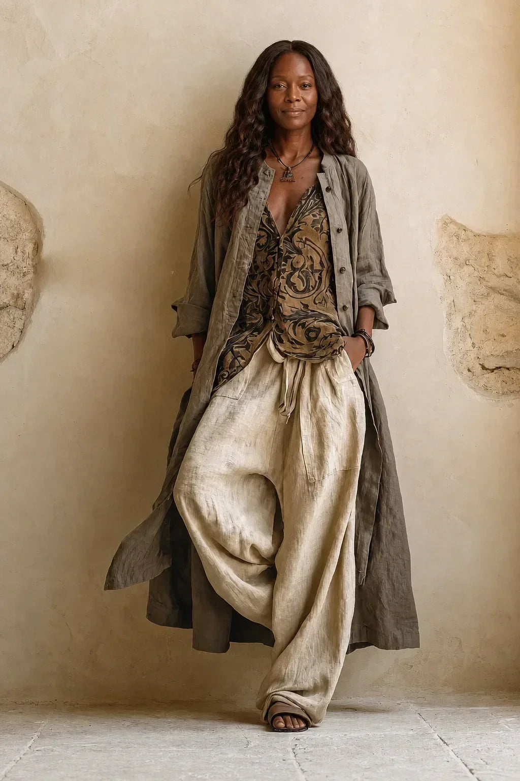 Modell med långt vågigt hår står lutad mot en vägg i hel look: lång grågrön kofta över mönstrad topp och vida beige byxor. 1