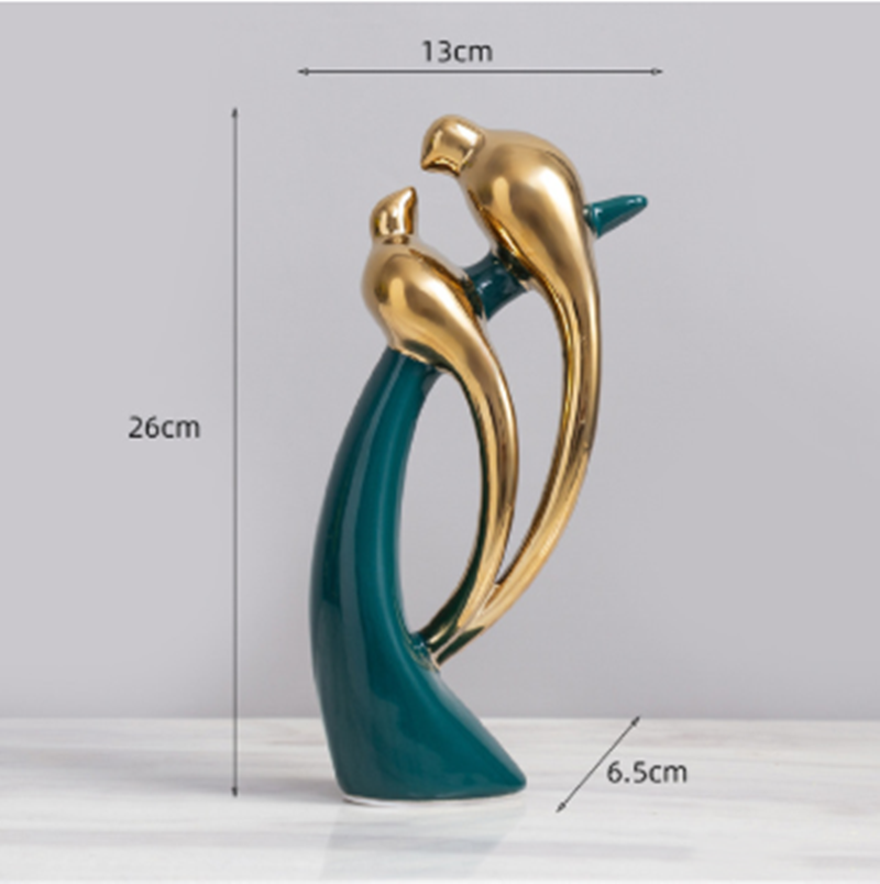 Goldene Vogel-Skulptur auf grünem Sockel, 26cm, moderne Deko, Wohnzimmer, Keramik, elegant.