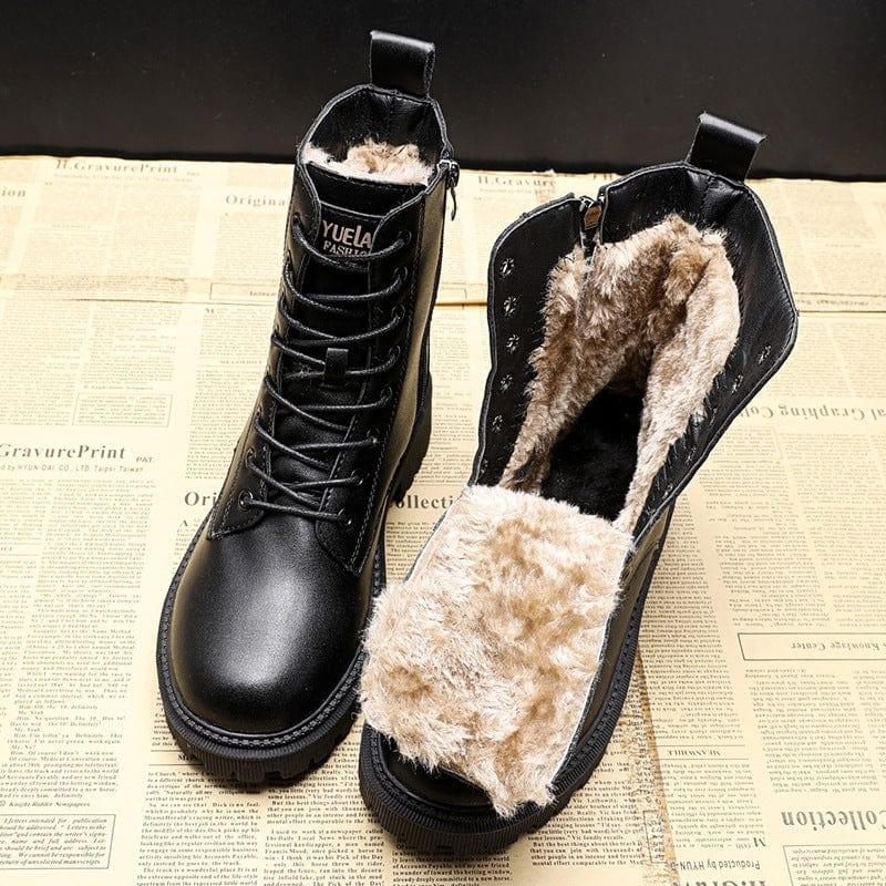 Schwarze Winterstiefel aus Leder mit Fellfutter, robustes Design, warme Damenstiefel.