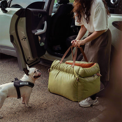 Grünes Kunstleder-Hundesitzbett im Auto, Frau mit Hund, Reiseaccessoire.