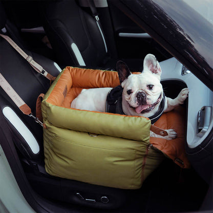 Französische Bulldogge im grünen Kunstleder-Autositz für Hunde, Sicherheitsgurt befestigt.