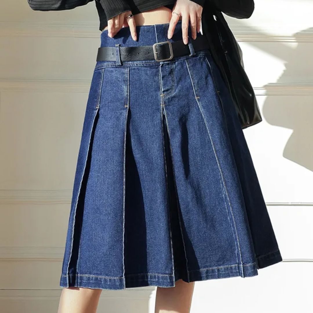 Damen Jeansrock, blau, A-Linie, Falten, mit Gürtel, modisch, Freizeitkleidung.