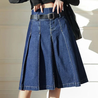 Damen Jeansrock, blau, A-Linie, Falten, mit Gürtel, modisch, Freizeitkleidung.