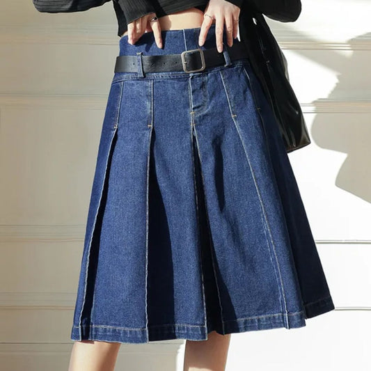 Damen Jeansrock, blau, A-Linie, Falten, mit Gürtel, modisch, Freizeitkleidung.