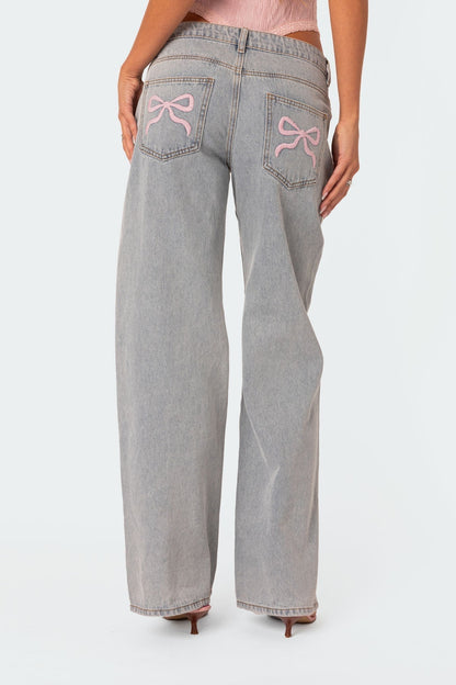 Damen-Jeans Relaxed Fit, hellgrau, Stickerei auf Gesäßtaschen, modische Freizeitkleidung