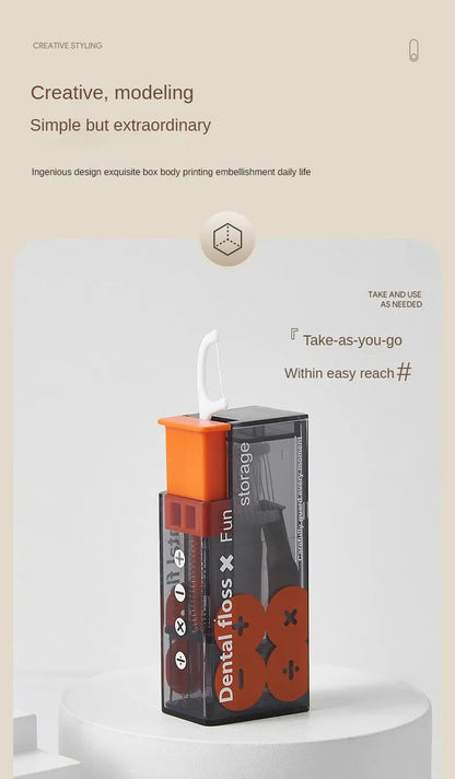 Zahnseide-Box transparent orange, tragbar, modernes Design, einfache Anwendung.
