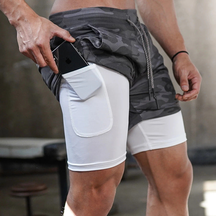 Männer-Trainingsshorts, grau-weiß, Camouflage, mit Handytasche, atmungsaktiv, Fitnessbekleidung.