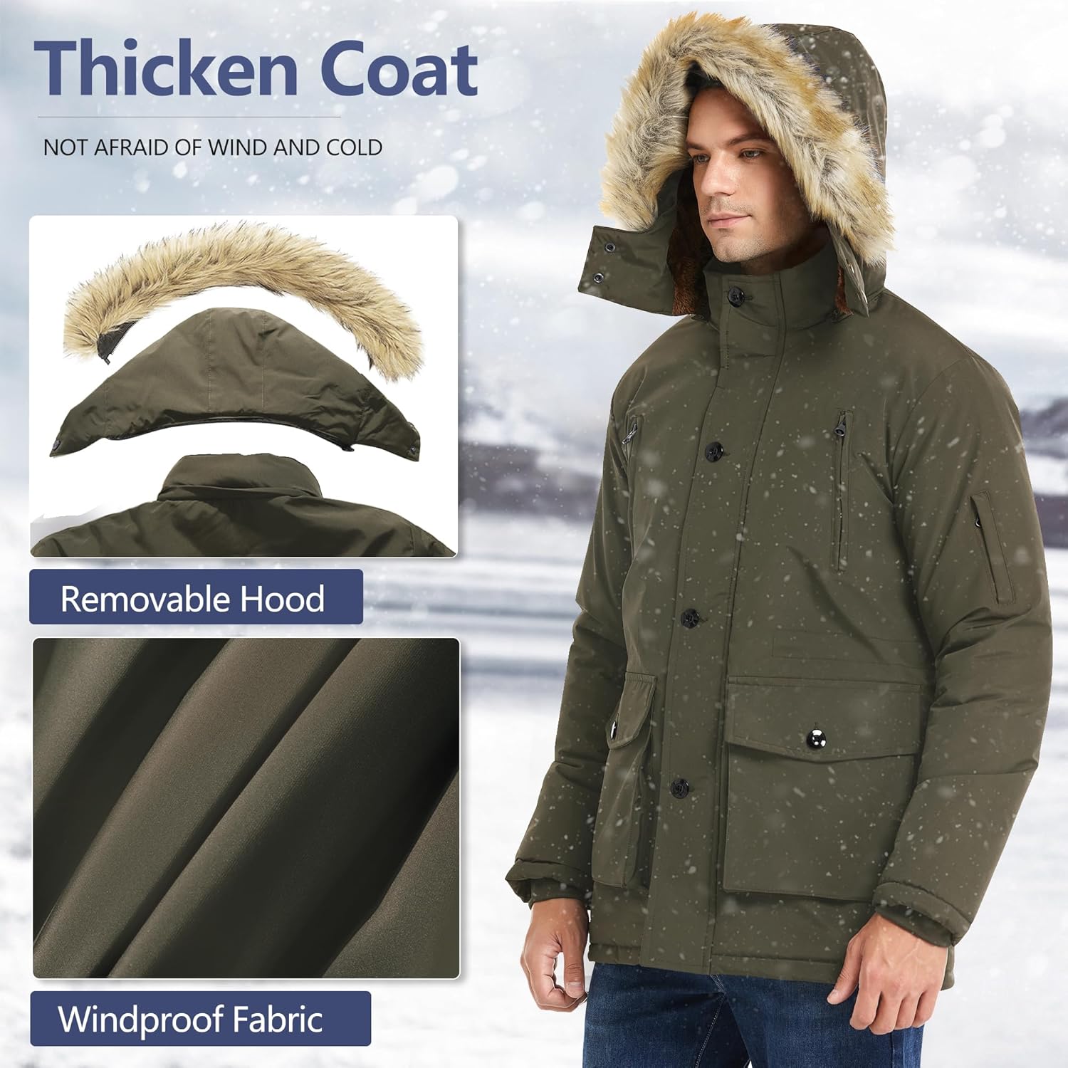 Grüne Winterjacke mit abnehmbarer Kapuze, winddichtem Stoff, Herrenmode, Outdoor-Bekleidung.