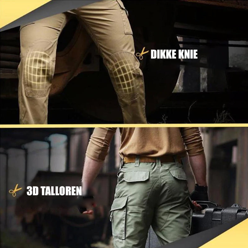 Zweifarbige taktische Hose, beige und grün, mit verstärkten Knien und Taschen, Outdoor-Bekleidung.