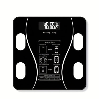 Schwarze digitale Personenwaage mit LCD-Display, Körperfettanalyse, Bluetooth, max. 180 kg.