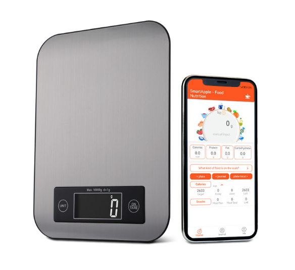 Digitale Küchenwaage aus Edelstahl mit Smartphone-App-Anbindung, Kalorien- und Nährwertanzeige.