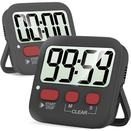 Schwarzer digitaler Küchentimer mit rotem Knopf, Countdown-Funktion, großes Display.