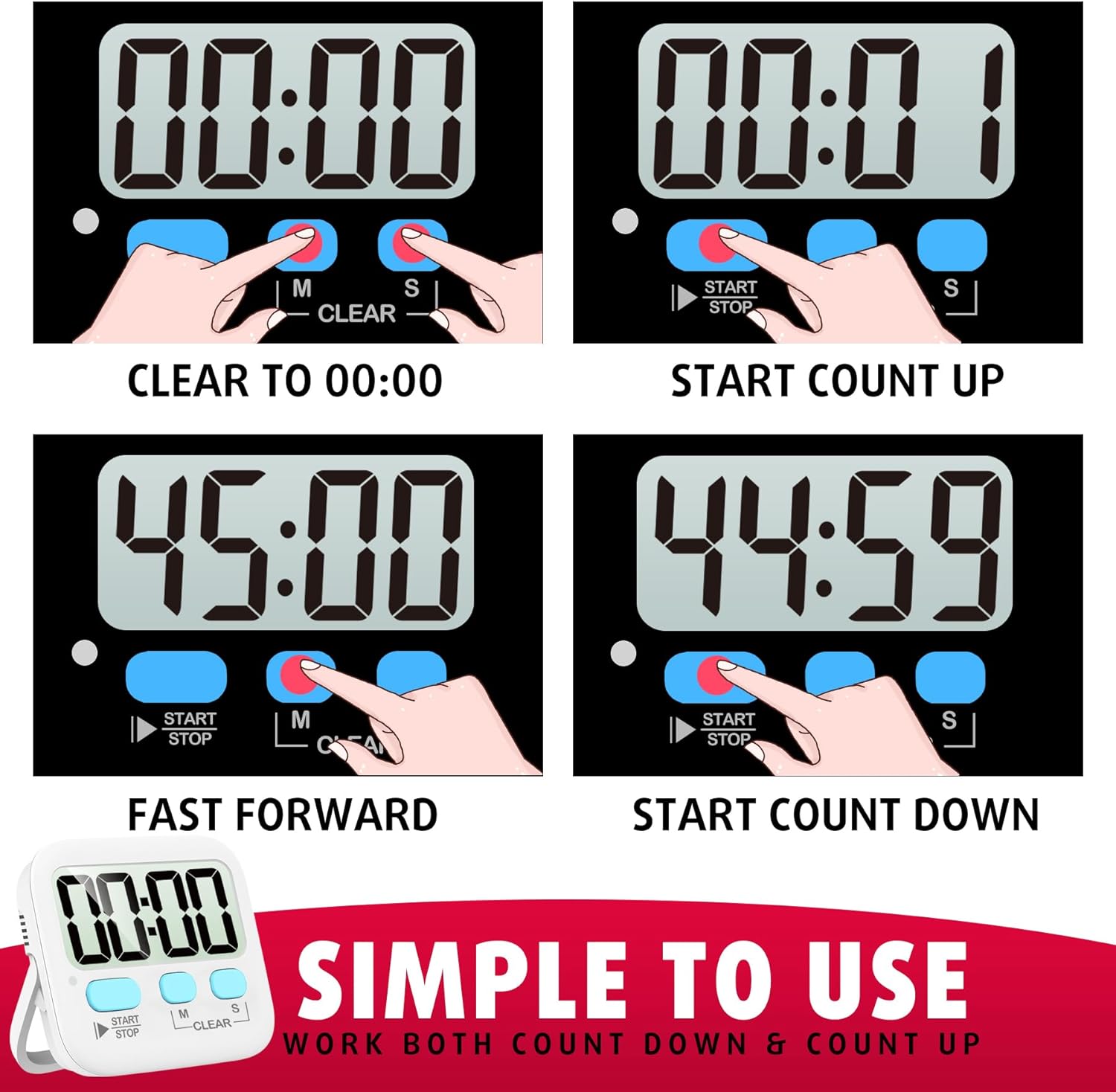 Digitaler Küchentimer, weiß, große Anzeige, einfache Bedienung, Countdown, Countup, Timer.