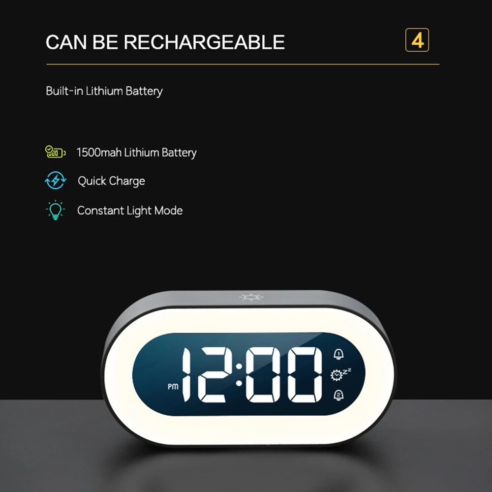Wiederaufladbarer digitaler Wecker mit 1500mAh Lithium-Batterie, LED-Anzeige, Schnellladung.