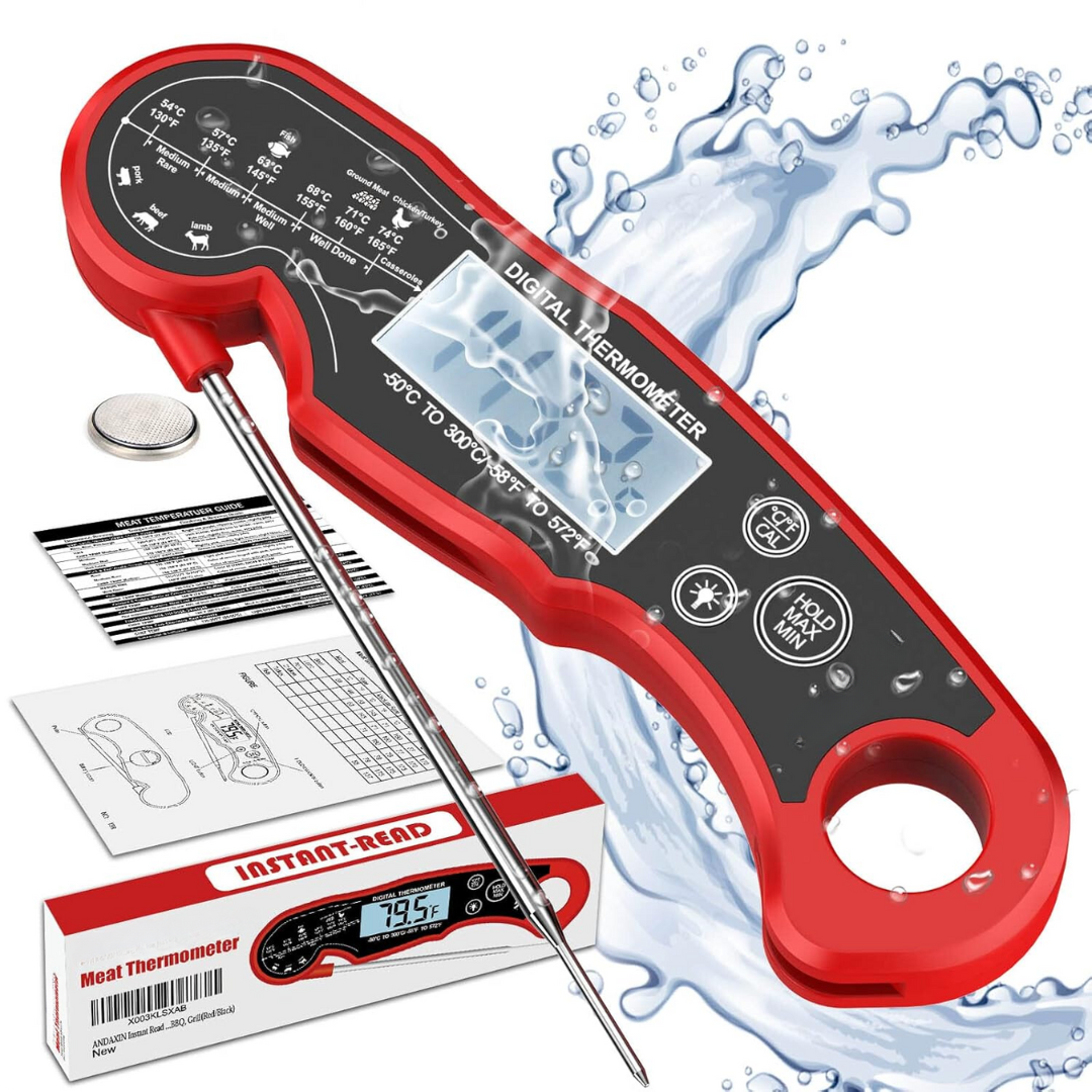 Digitales rotes Fleischthermometer wasserdicht, sofort ablesbar, mit Verpackung und Anleitung.