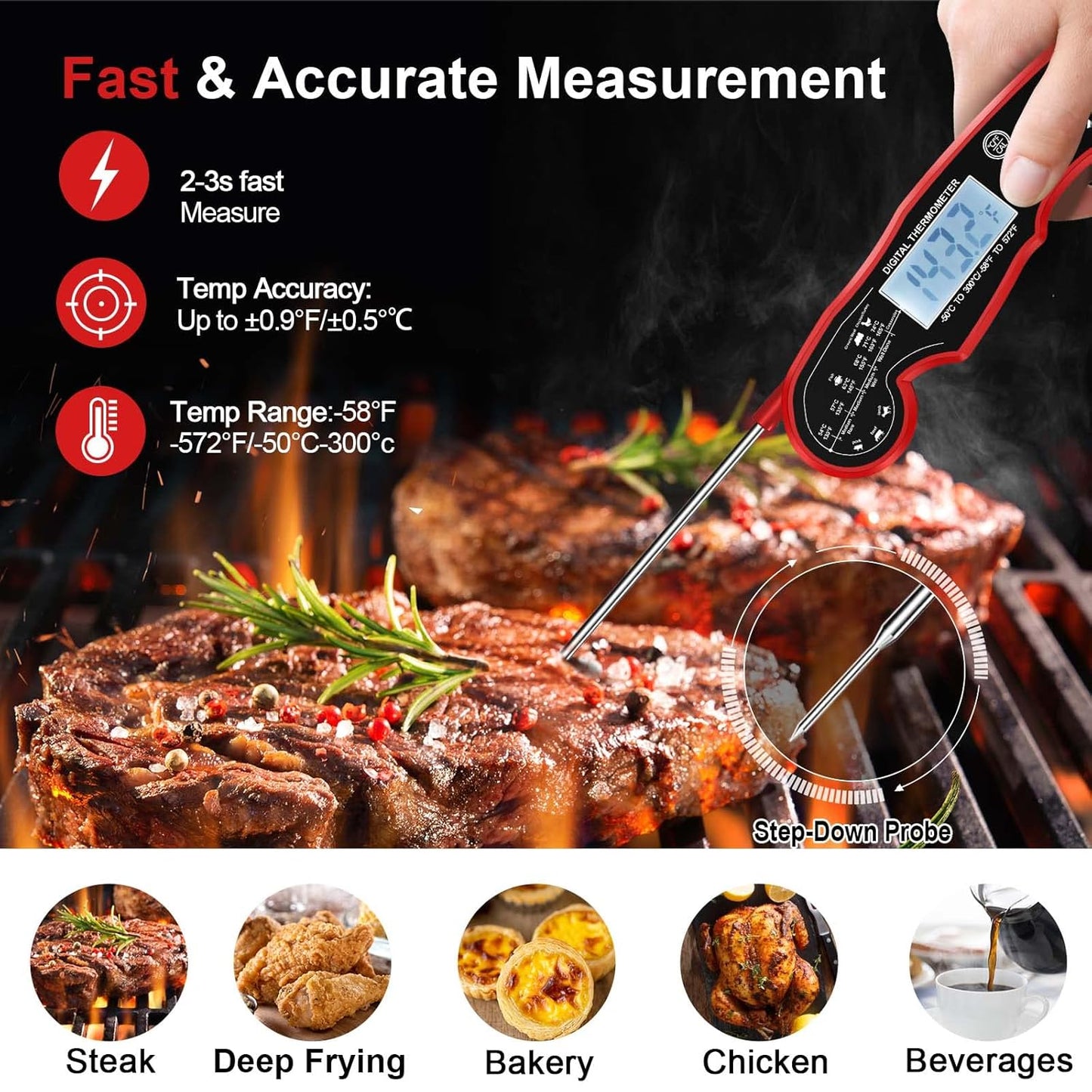Digitales Fleischthermometer, rot, für Grill und Küche, schnelle und genaue Temperaturmessung.