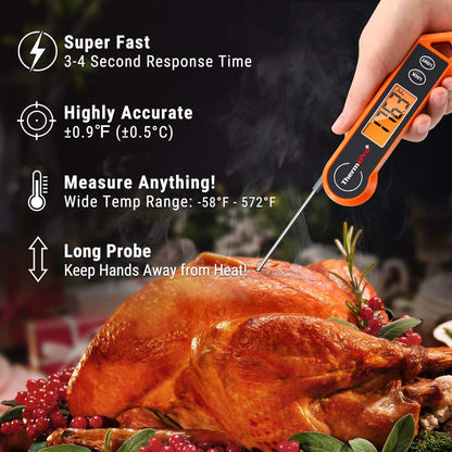 Digitales Fleischthermometer mit langer Sonde, orange, für präzise Temperaturmessung beim Kochen.