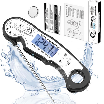 Digitales Küchenthermometer, wasserdicht, Edelstahlsonde, LCD-Display, schwarz, präzise Messung.