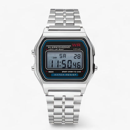 Silberne digitale Armbanduhr, Edelstahlarmband, rechteckiges Zifferblatt, wasserdicht.