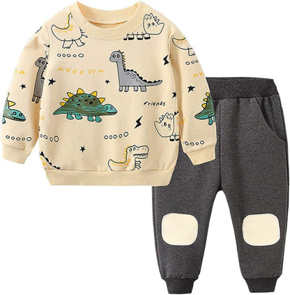 Baby-Set Dinosaurier-Print, beige Pullover, graue Hose, Baumwolle, Herbstmode, Kinderkleidung.