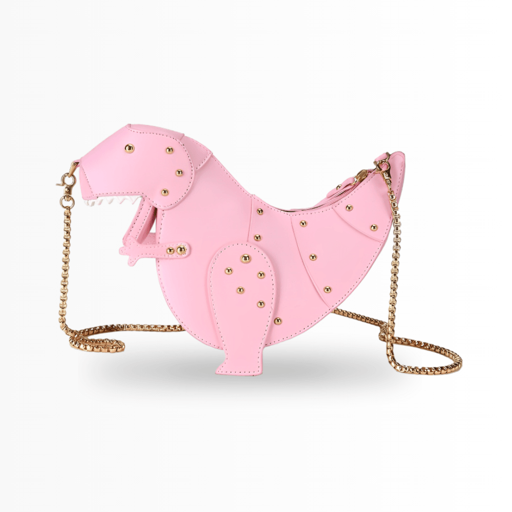 Rosa Dinosaurier-Handtasche aus Leder mit goldener Kette, modisches Accessoire für Damen.