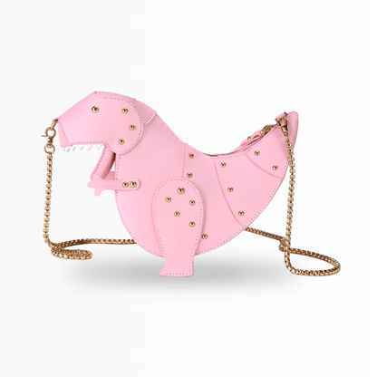 Rosa Dinosaurier-Handtasche aus Leder mit goldener Kette, modisches Accessoire für Damen.