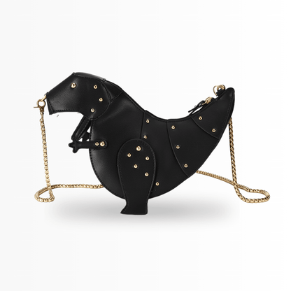 Schwarze Dinosaurier-Handtasche aus Leder mit goldener Kette und Nieten, modisches Accessoire.