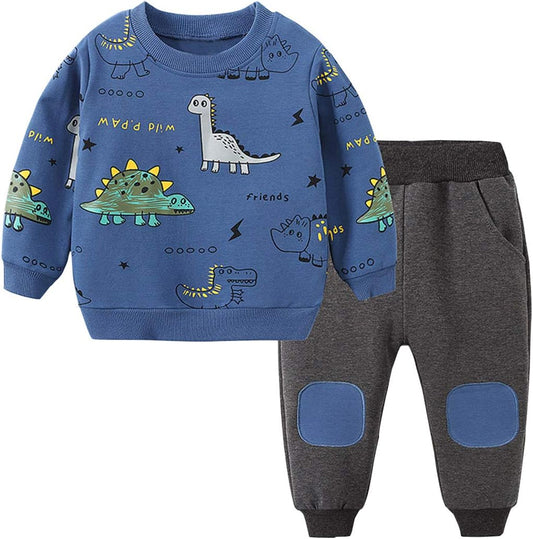 Blauer Dinosaurier-Pullover und graue Kinderhose, Baumwolle, Baby-Set, Herbstmode.