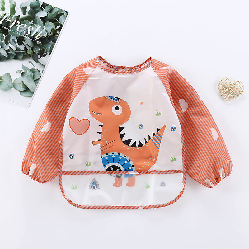 Orange Kinder-Lätzchen mit Dinosaurier-Motiv, wasserdicht, langärmelig, für Kleinkinder.