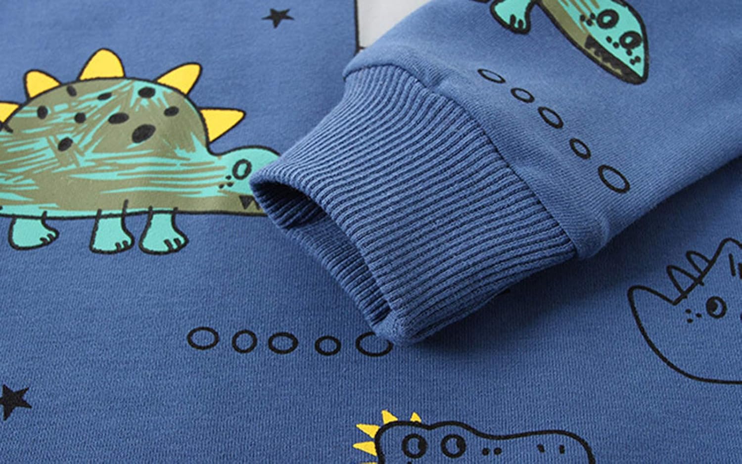 Blauer Kinderpullover mit Dinosaurier-Print, Baumwolle, Langarm, Cartoon-Motiv, Jungenmode.