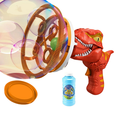 Roter Dinosaurier-Seifenblasenpistole mit Seifenblasenlösung, Kinder-Spielzeug, Kunststoff.