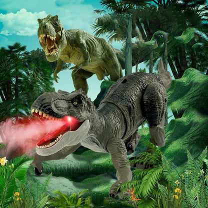 Zwei Dinosaurier-Spielzeugfiguren im Dschungel, T-Rex mit leuchtenden Augen und Rauch, grün und grau.