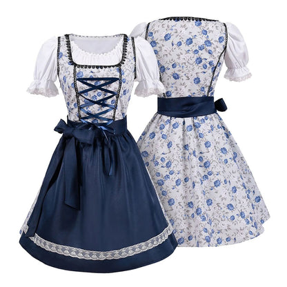 Damen Dirndl blau-weiß, Blumenmuster, traditionell, Oktoberfest, Trachtenmode, Baumwolle.