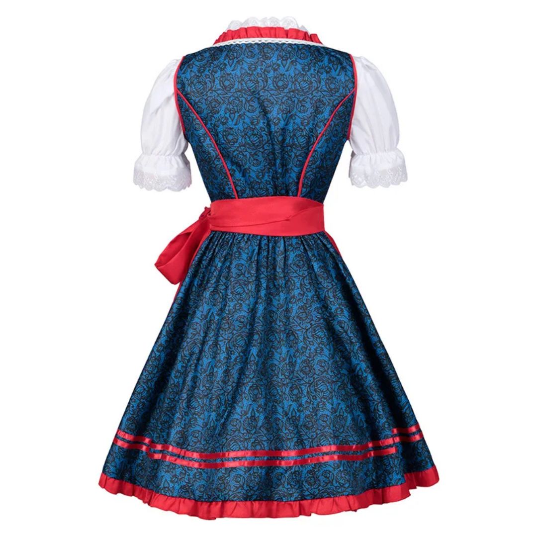 Blaues Dirndl mit rotem Band, traditionelles bayerisches Kleid, Damenmode, Oktoberfest-Outfit