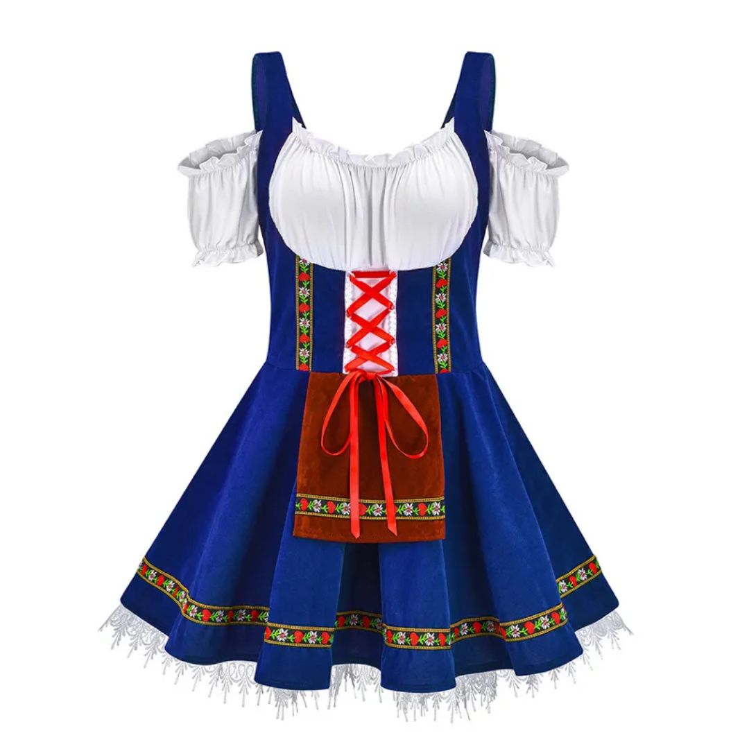 Blaues Dirndlkleid mit weißer Bluse, roter Schnürung und Blumenmuster, traditionell, Oktoberfest.