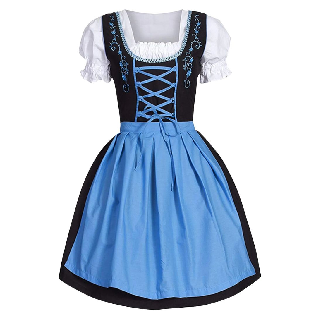 Blaues Dirndlkleid mit schwarzem Mieder, weißer Bluse, traditionell, Oktoberfest, Damenmode.